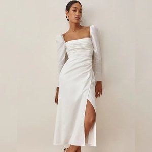 Reformation Isaac Dress in White Ivory Long Sleeves Midi Slit Cotton